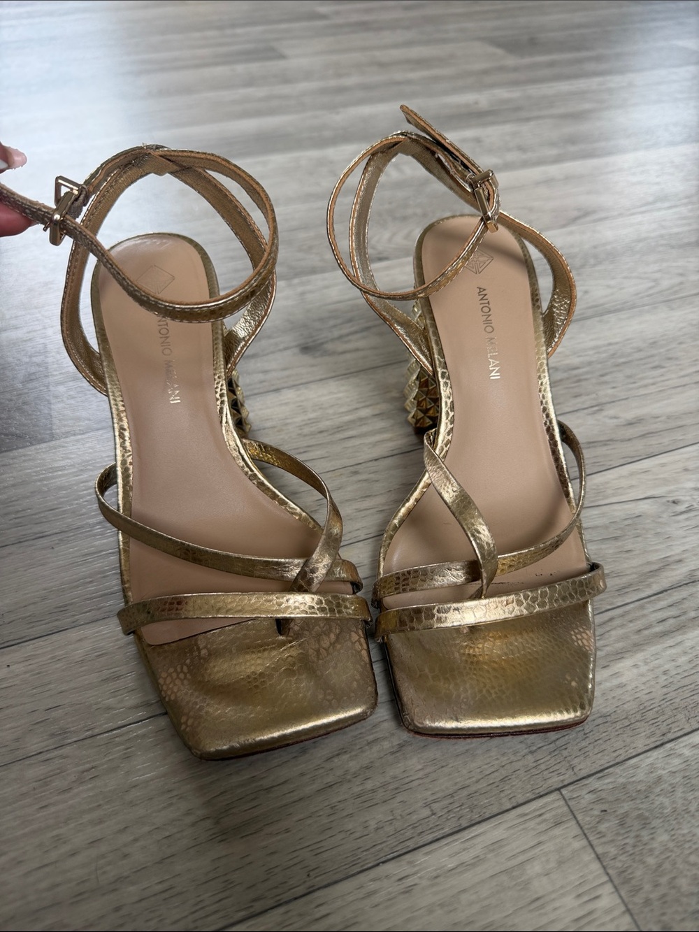 ANTONIO MELANI Metallic Gold Strappy Block Heel Sandals